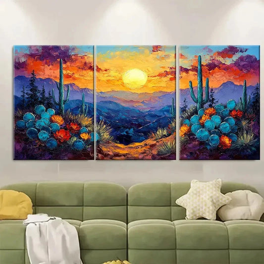 3pcs Arizona Desert Cactus Sunset Scene Wall Art Set Canvas Framed 40x60cm - High Quality Print 100% Australian Made Wall Canvas Ready to Hang