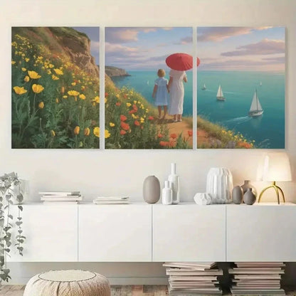 3pcs Seaside Cliff Wildflowers Landscape Painting Metal Print Ready to Hang Art