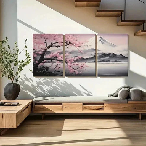 3pcs Sakura Blossoms & Snow Capped Mountain Wall Art Canvas Unframed - High Quality Print 100% Australian Made Wall Canvas
