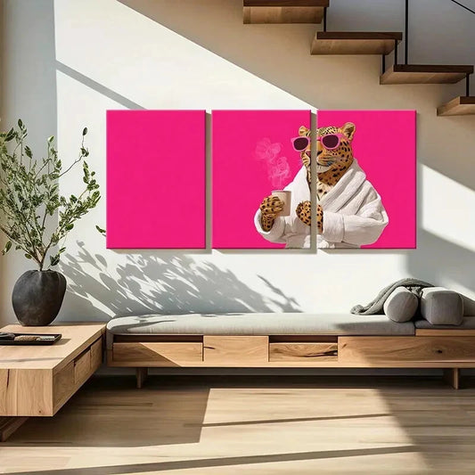 3pcs Artistic Leopard Wearing Glasses Holding CoffeMetal Print Ready to Hang Art