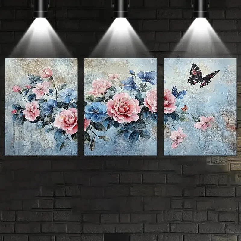 3pcs Flowers & Butterflies Oil Painting Metal Print Ready to Hang Art