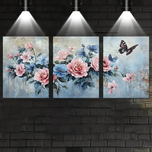 3pcs Flowers & Butterflies Oil Painting Metal Print Ready to Hang Art