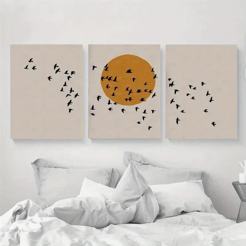 3pcs Flock of Birds Silhouette and Sunrise Metal Print Ready to Hang Art
