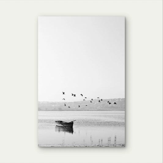 Black & White Lake With Boat and Flying Birds 40x60cm Metal Print Ready to Hang