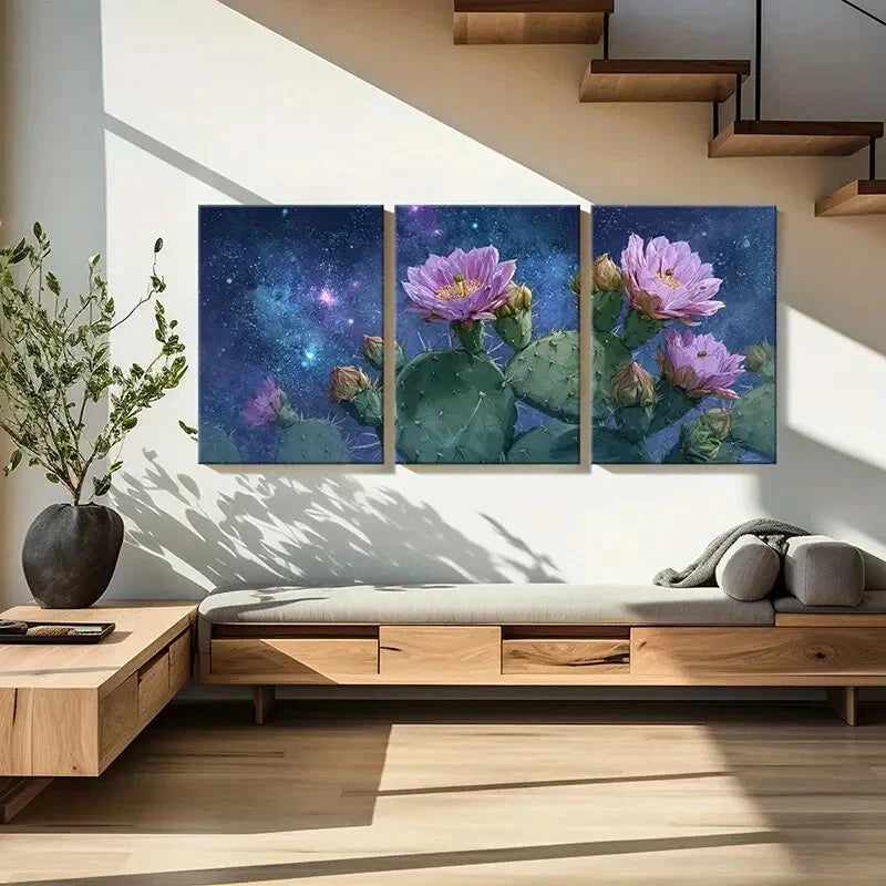 3pcs Set of Vibrant Cactus Flower Cosmic Theme Metal Print Ready to Hang Art