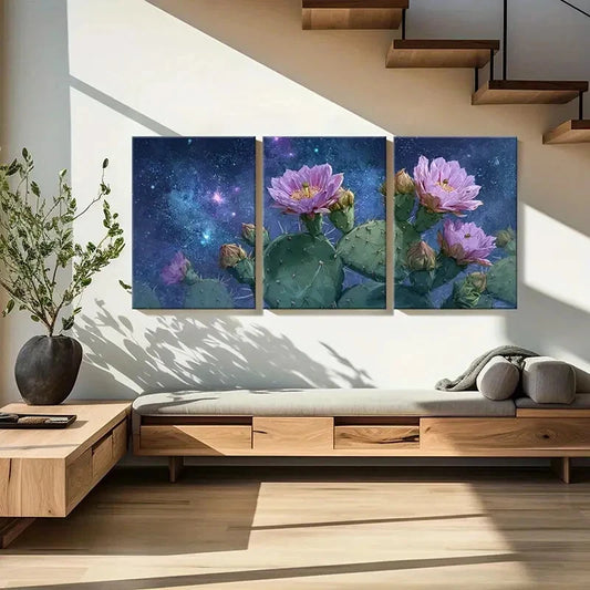 3pcs Set of Vibrant Cactus Flower Cosmic Theme Metal Print Ready to Hang Art