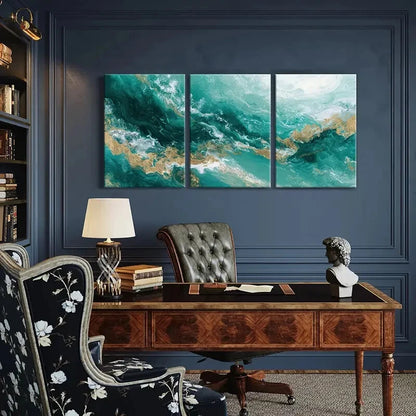 3pcs Abstract Ocean Waves Art Teal Golden Metal Print Ready to Hang Art
