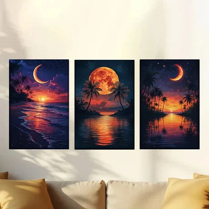 3pcs Islands with Palm Trees, Moon and Stars Wall Art Canvas Unframed - High Quality Print 100% Australian Made Wall Canvas