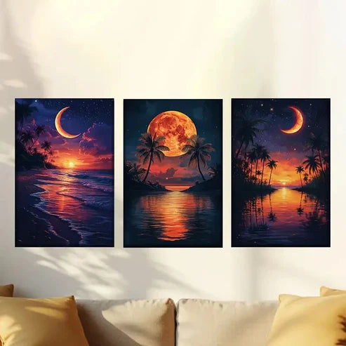 3pcs Islands with Palm Trees, Moon and Stars Wall Art Canvas Unframed - High Quality Print 100% Australian Made Wall Canvas