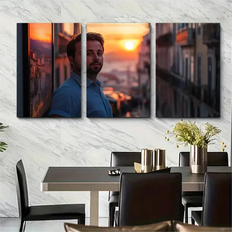 3pcs Vibrant Lisbon Tram Sunset Travel Poster Metal Print Ready to Hang Art