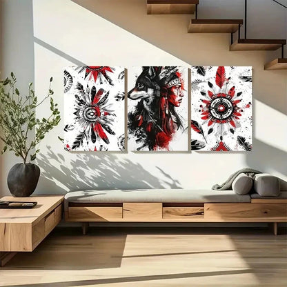 3pcs Native American Wolf & Feather Designs Metal Print Ready to Hang Art