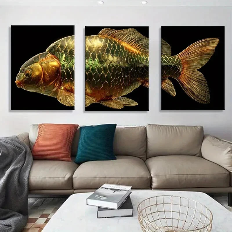 3pcs Luxurious Metallic Fish Feng Shui Wealth Deco Metal Print Ready to Hang Art