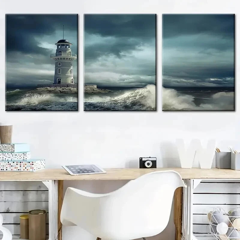 3pcs Ocean Lighthouse Triptych Waves Perfect Wall Art Set Canvas Framed 40x60cm - High Quality Print 100% Australian Made Wall Canvas Ready to Hang