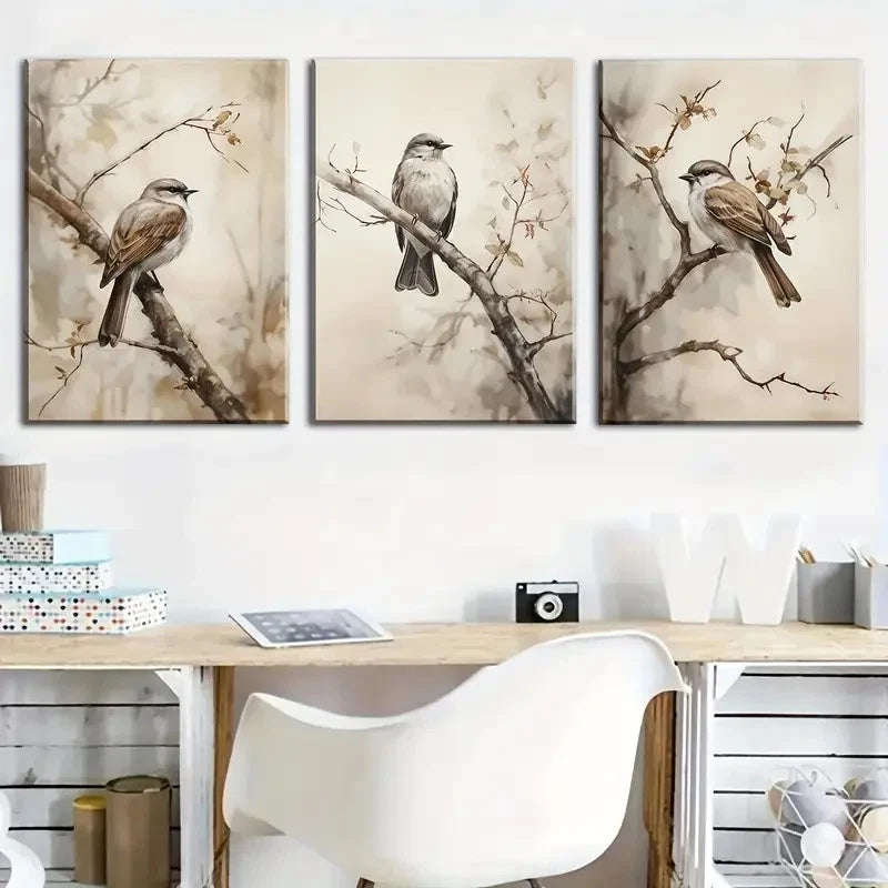 3pcs Realistic Bird Illustrations on Branches Metal Print Ready to Hang Art