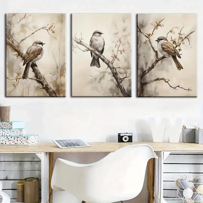 3pcs Realistic Bird Illustrations on Branches Metal Print Ready to Hang Art
