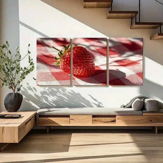 3pcs Fresh Vibrant Strawberry on Checkered Cloth Metal Print Ready to Hang Art