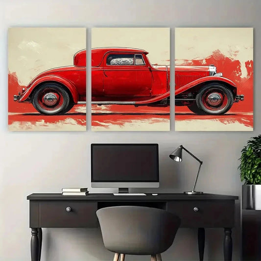 3pcs 1920s Red Car Digital Illustration Metal Print Ready to Hang Art