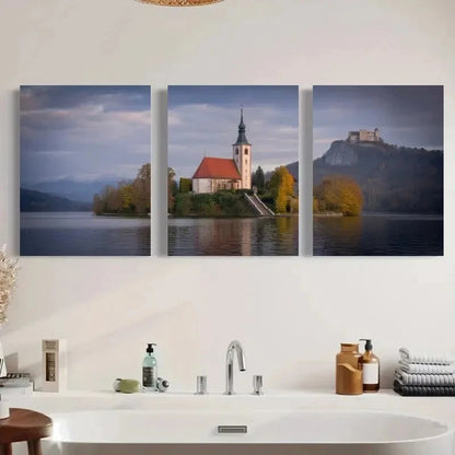 3pcs Lake Church Mountain Autumn Trees Metal Print Ready to Hang Art