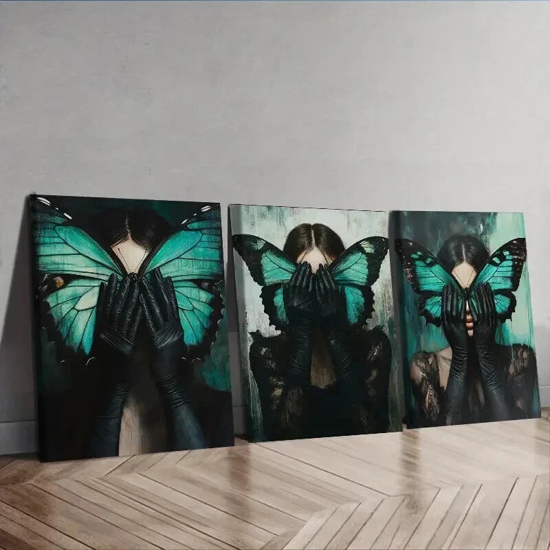 3pcs The woman with the green butterfly Wall Art Set Canvas Framed 50x70cm - High Quality Print 100% Australian Made Wall Canvas Ready to Hang