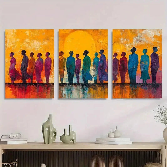 3pcs African Vibrant Sunset Silhouette Figures Metal Print Ready to Hang Art