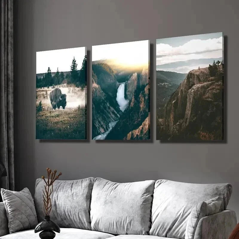 3pcs Bison Yosemite Grand Canyon & Waterfalls Wall Art Set Canvas Framed 40x60cm - High Quality Print 100% Australian Made Wall Canvas Ready to Hang