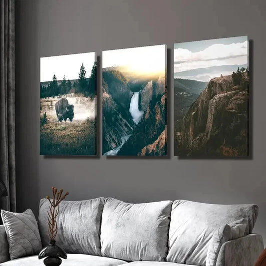 3pcs Bison Yosemite Grand Canyon & Waterfalls Wall Art Set Canvas Framed 40x60cm - High Quality Print 100% Australian Made Wall Canvas Ready to Hang