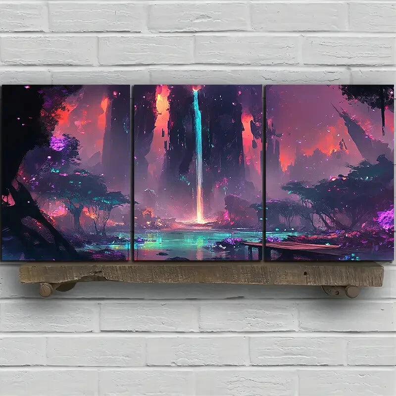 3pcs Fantasy Waterfall and Wooden Bridge Scenery Metal Print Ready to Hang Art