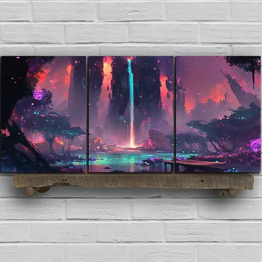 3pcs Fantasy Waterfall and Wooden Bridge Scenery Metal Print Ready to Hang Art