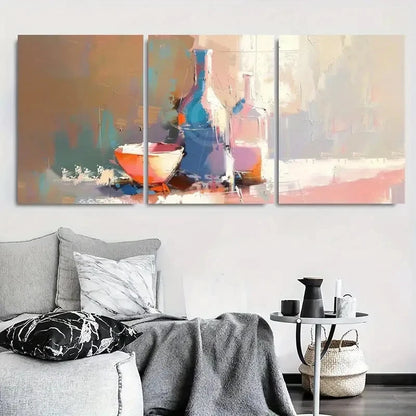 3pcs Abstract Bottles and Bowl Textured Painting Metal Print Ready to Hang Art