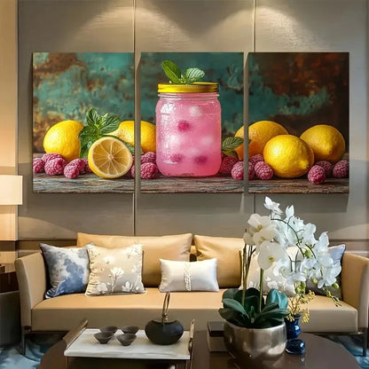 3pcs Raspberry Lemonade Jar Metal Print Ready to Hang Art
