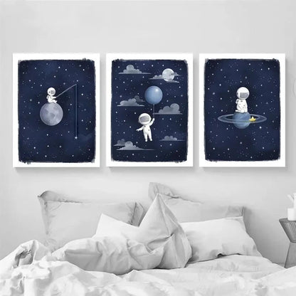 3pcs Astronaut Space Art Blue Moon & Stars Metal Print Ready to Hang Art