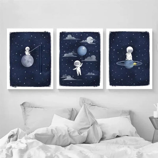 3pcs Astronaut Space Art Blue Moon & Stars Metal Print Ready to Hang Art