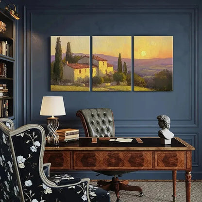 3pcs Tuscan Villa Sunset Landscape Warm Colors Metal Print Ready to Hang Art