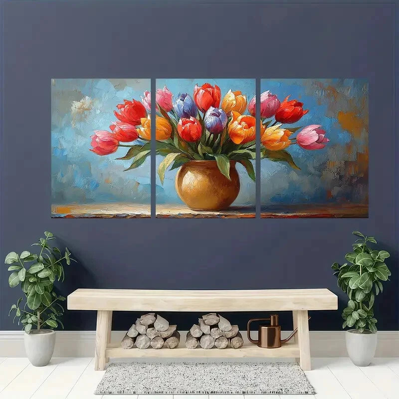 3pcs Tulips in a Vase Oil Impasto Painting Metal Print Ready to Hang Art