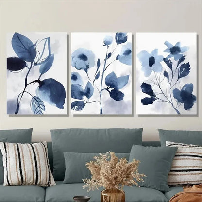 3pcs blue leaves botanical art, navy blue Metal Print Ready to Hang Art