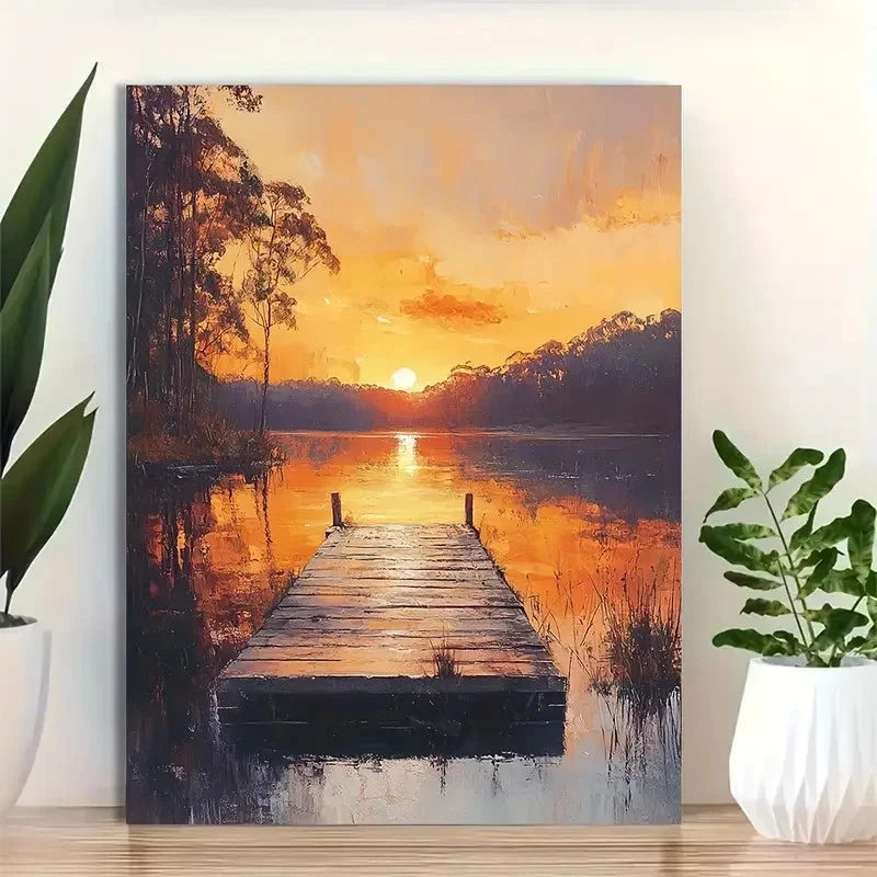 Beautiful Serene Lakeside Sunset Landscape Painting 40x60cm Metal Print Ready to Hang