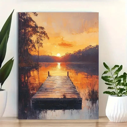 Beautiful Serene Lakeside Sunset Landscape Painting 40x60cm Metal Print Ready to Hang
