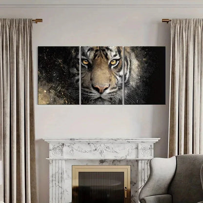 3pcs Tiger Face Artistic Golden Eyes & Abstract Metal Print Ready to Hang Art