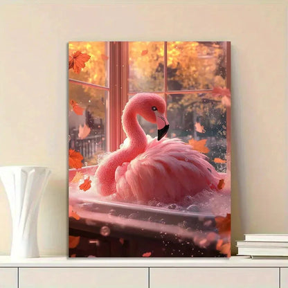 Fluffy Pink Flamingo in The Bathtub Tropical Leaves 40x60cm Metal Print Ready to Hang