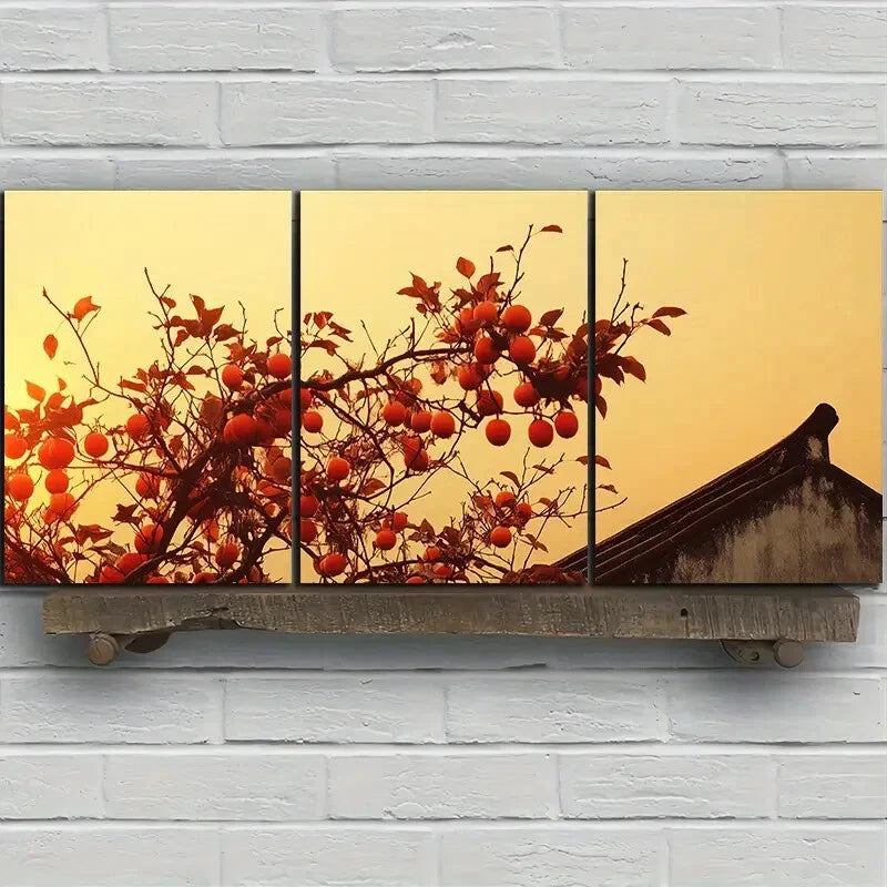 3pcs Red Leaves The Tree On The Eaves Metal Print Ready to Hang Art