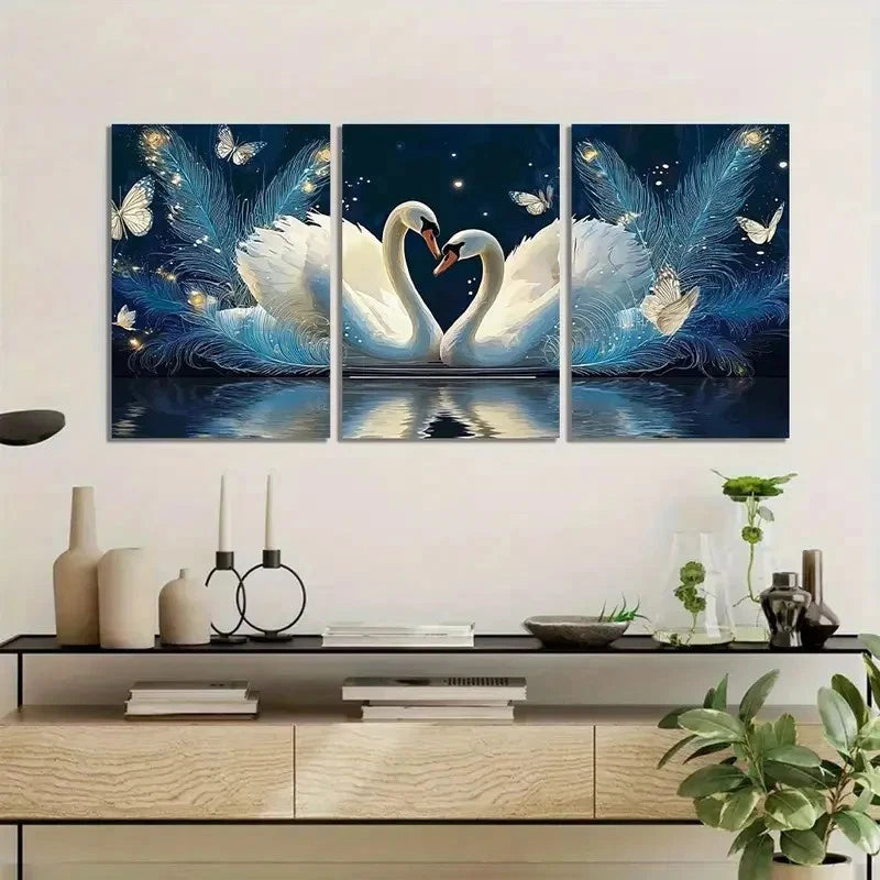 3pcs Romantic Swan Love Painting with Heart-Shape Metal Print Ready to Hang Art