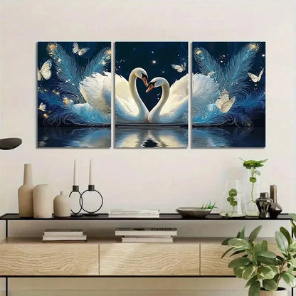 3pcs Romantic Swan Love Painting with Heart-Shape Metal Print Ready to Hang Art