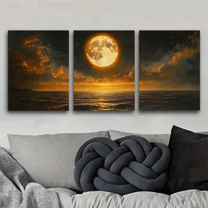 3pcs Stunning Moonlight Ocean Night Wall Art Set Canvas Framed 60x90cm - High Quality Print 100% Australian Made Wall Canvas Ready to Hang