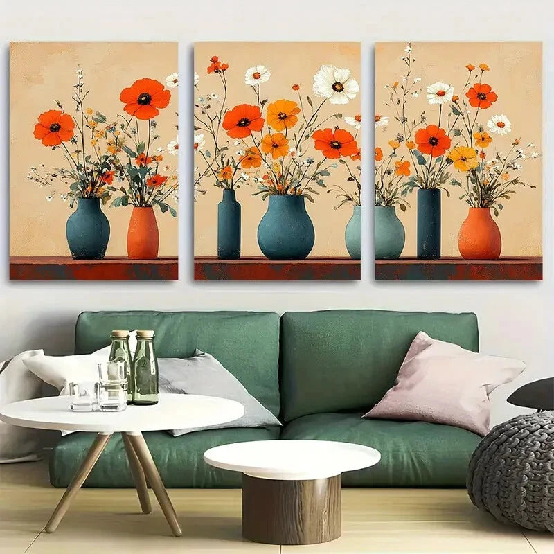 3pcs Modern Boho Colorful Flowers in Vases Metal Print Ready to Hang Art