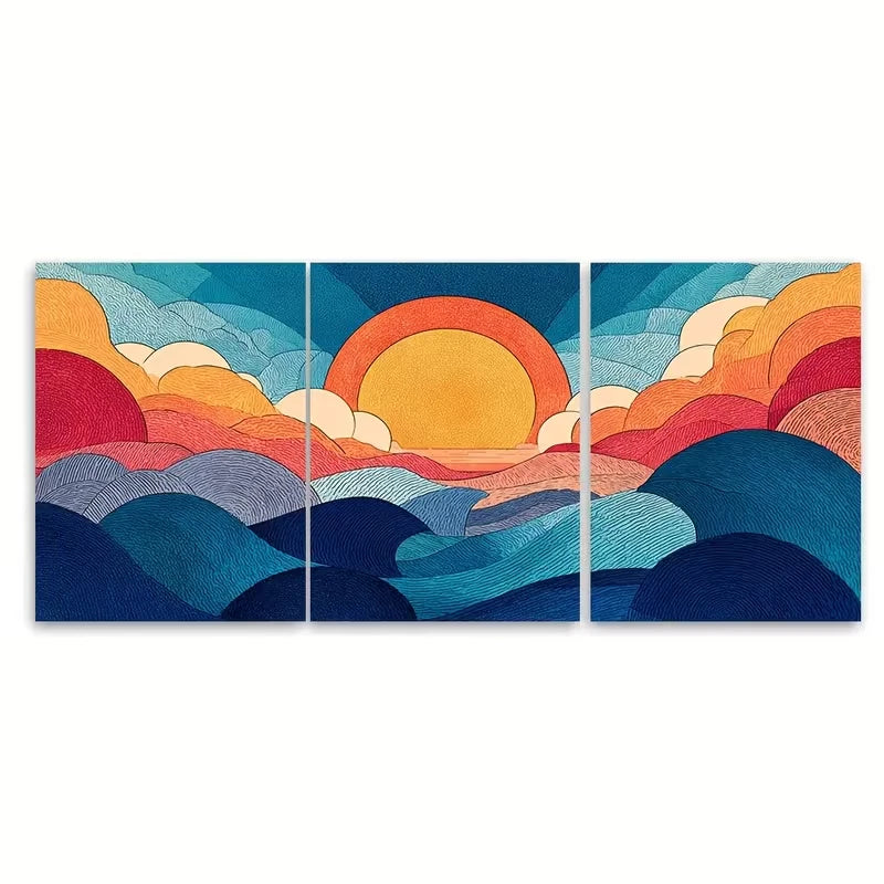 3pcs Abstract Sun Waves Metal Print Ready to Hang Art