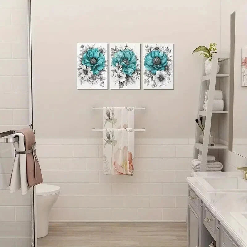 3pcs Blue & White Daisies with Green Leaves Metal Print Ready to Hang Art