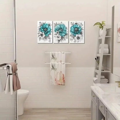 3pcs Blue & White Daisies with Green Leaves Metal Print Ready to Hang Art