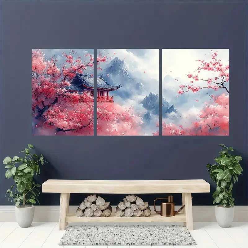 3pcs Pink Blooming Sakura Trees East Perfect Wall Art Set Canvas Framed 40x60cm - High Quality Print 100% Australian Made Wall Canvas Ready to Hang