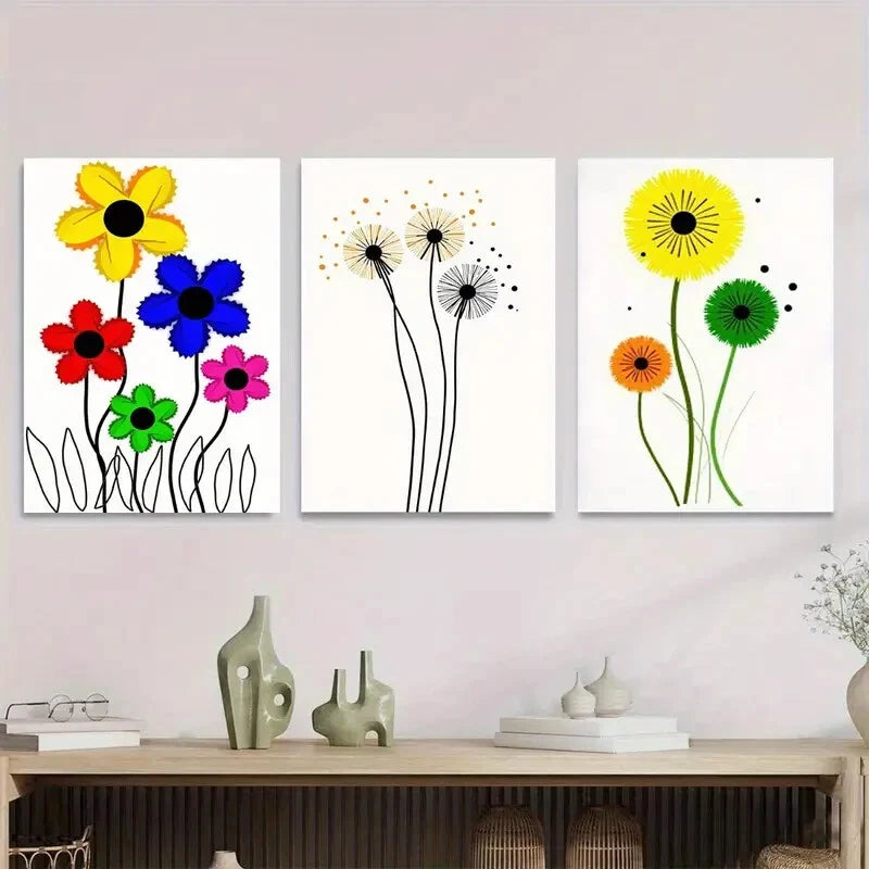 3pcs Vibrant Floral & Dandelion Colorful Flower Wall Art Set Canvas Framed 40x60cm - High Quality Print 100% Australian Made Wall Canvas Ready to Hang