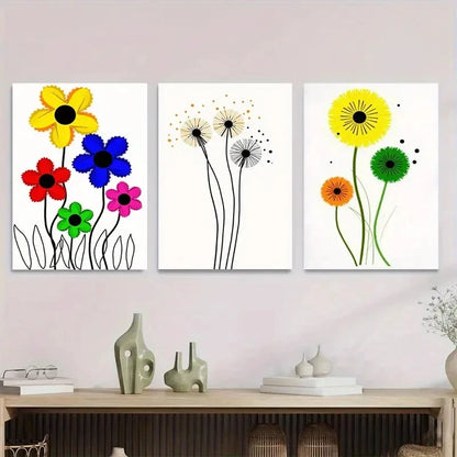 3pcs Vibrant Floral & Dandelion Colorful Flower Wall Art Set Canvas Framed 40x60cm - High Quality Print 100% Australian Made Wall Canvas Ready to Hang